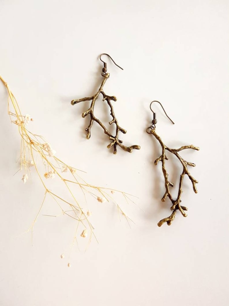 Bronze Branch Earrings, Forest Twig Dangles, Woodland Metal Tree Charms, Forest Lover Gift, Rustic Nature Jewelry, Enchanted Antlers Pendant image 2