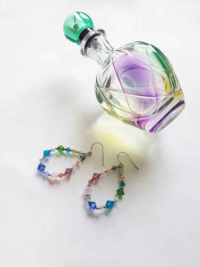 Beaded Hoop Earrings, Long Teardrop Crystal Dangles, Pastel Rainbow Statement Drops, Bold Funky Summer Hoops, Bohemian Festival Earrings image 2