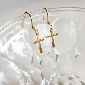 Minimalist Cross Earrings, Gold Stainless Steel Cross Dangles, Waterproof Non-tarnish Jewels, Hypoallergenic Religious Tiny Cross Ear Jewels image 7