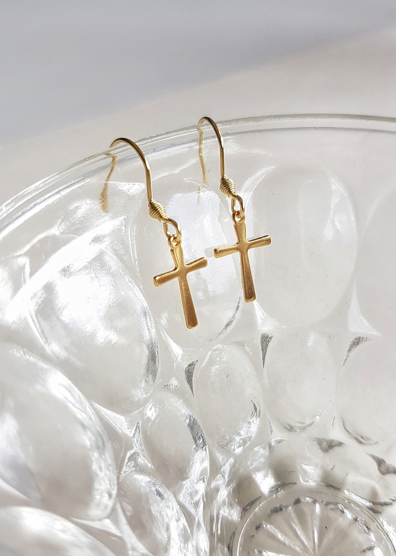 Minimalist Cross Earrings, Gold Stainless Steel Cross Dangles, Waterproof Non-tarnish Jewels, Hypoallergenic Religious Tiny Cross Ear Jewels image 7