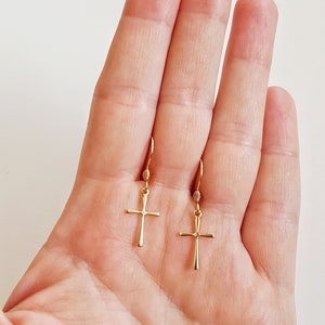 Minimalist Cross Earrings, Gold Stainless Steel Cross Dangles, Waterproof Non-tarnish Jewels, Hypoallergenic Religious Tiny Cross Ear Jewels image 2
