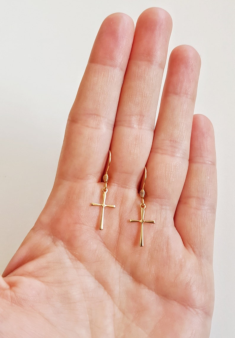 Minimalist Cross Earrings, Gold Stainless Steel Cross Dangles, Waterproof Non-tarnish Jewels, Hypoallergenic Religious Tiny Cross Ear Jewels image 2