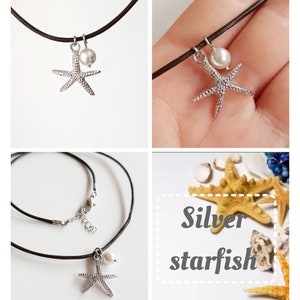 Starfish Beach Necklace on Brown Leather Cord, Gold Silver Starfish Pendant with Pearl, Bohemian Ocean Sea Lover Gift, Boho Summer Jewelry Rhodium plated