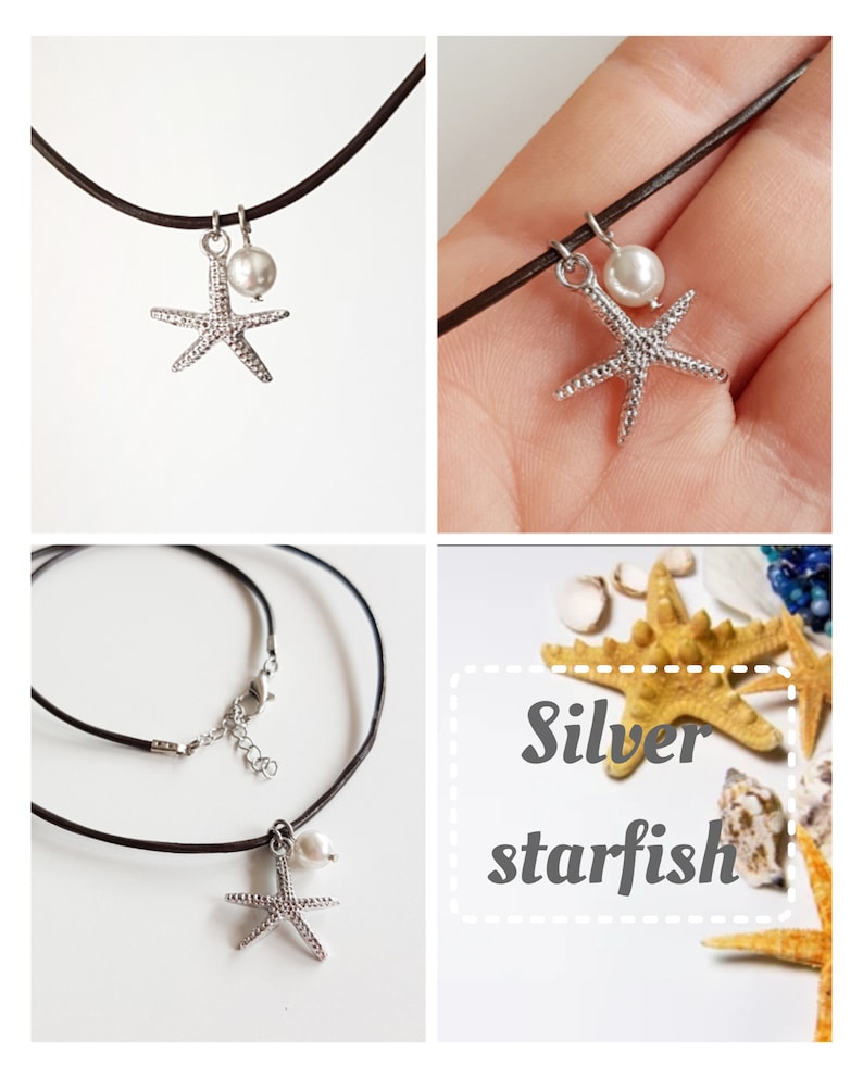 Starfish Beach Necklace on Brown Leather Cord, Gold Silver Starfish Pendant with Pearl, Bohemian Ocean Sea Lover Gift, Boho Summer Jewelry Rhodium plated