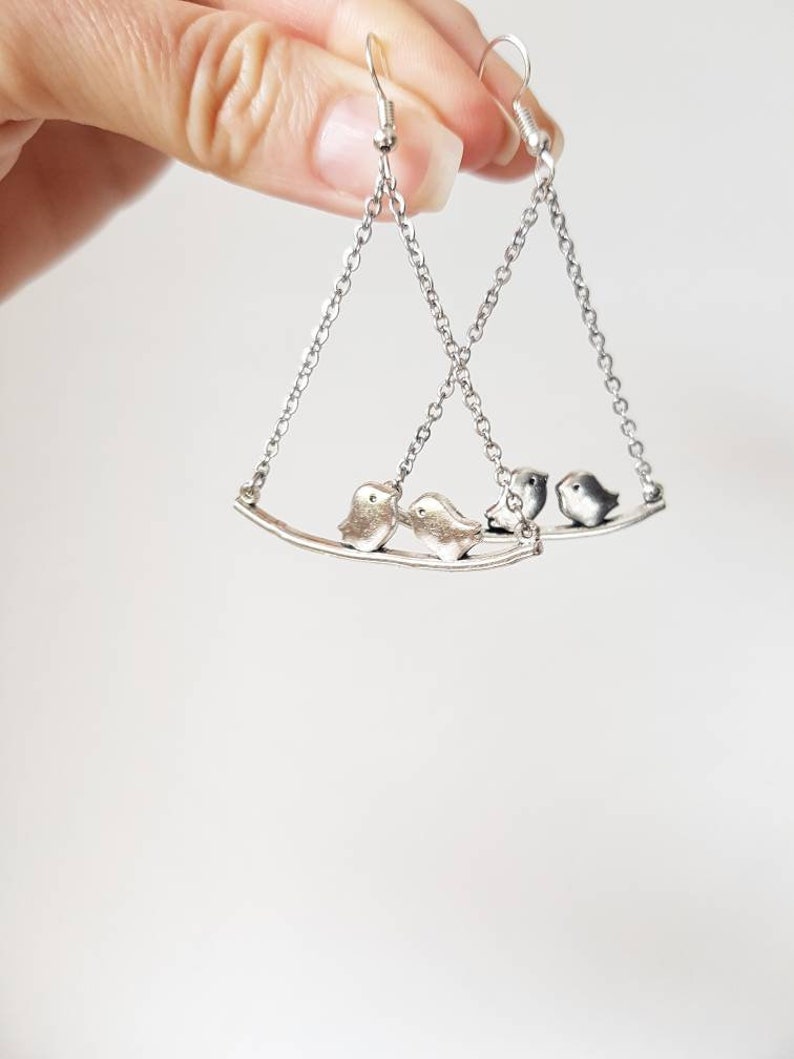 Silver Bird Chain Earrings, Lovebirds Chandelier Dangles, Dainty Bohemian Jewelry, Minimalist Nature Lover Gift, Whimsical Couples Gift Idea image 7