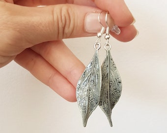 Light Sage Green Textured Leaf Earrings, Forest Nature Lover, Twisted Sage Leaf Drops, Long Woodland Rustic Dangle, Cottagecore Fall Jewelry