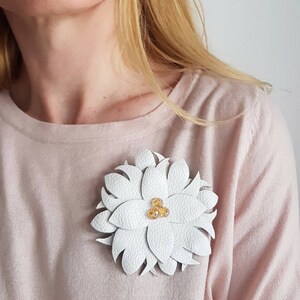 White Leather Flower Brooch, Statement Floral Pin, Bold Nature Jewelry, Oversized Leather Accessory, Nature Lover Gift, Eco Friendly Brooch image 2