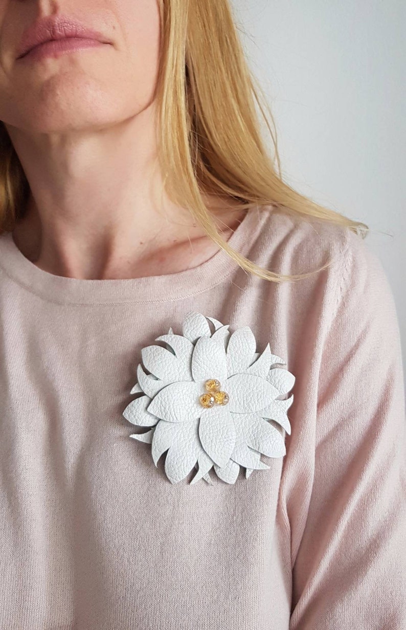 White Leather Flower Brooch, Statement Floral Pin, Bold Nature Jewelry, Oversized Leather Accessory, Nature Lover Gift, Eco Friendly Brooch image 2