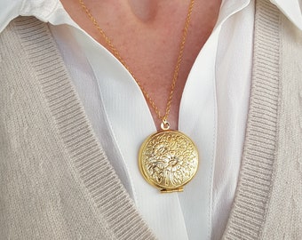 Gold Floral Locket Necklace, Vintage Style Jewelry, Long Round Photo Medallion, Embossed Memory Locket Jewelry, Sentimental Keepsake Gift