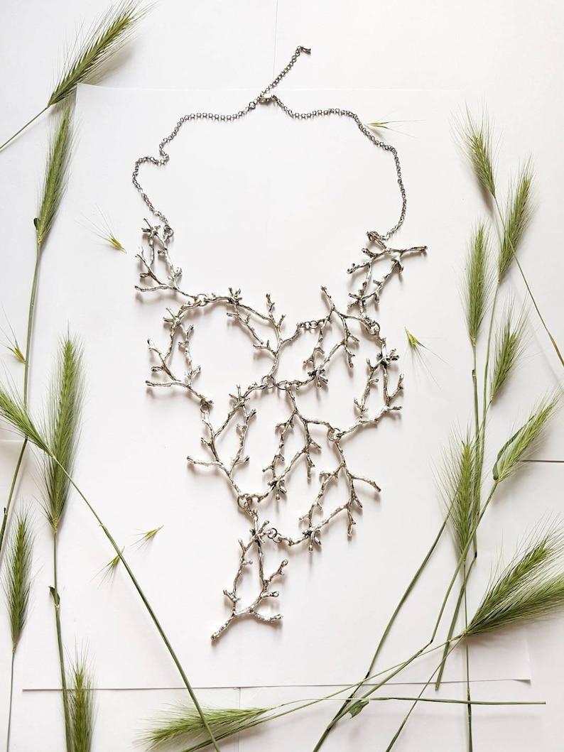 Statement Twig Necklace, Silver Branch Collar, Cascading Nature Jewelry, Woodland Forest Wedding, Long Metal Bib, Bold Tree Unisex Necklace image 3