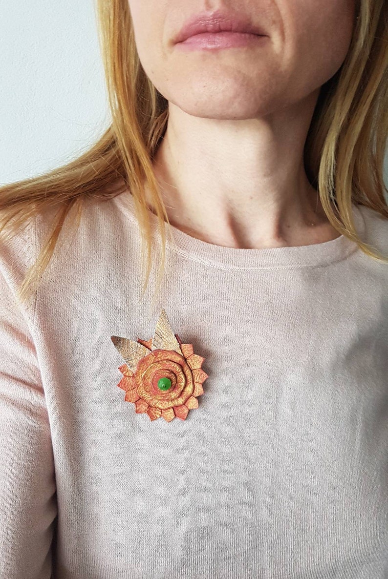 Oversized Flower Brooch, Nature Floral Jewelry, Bold Leather Accessory, Bohemian Appreciation Gift, Metallic Copper Rose Gold Statement Pin image 2