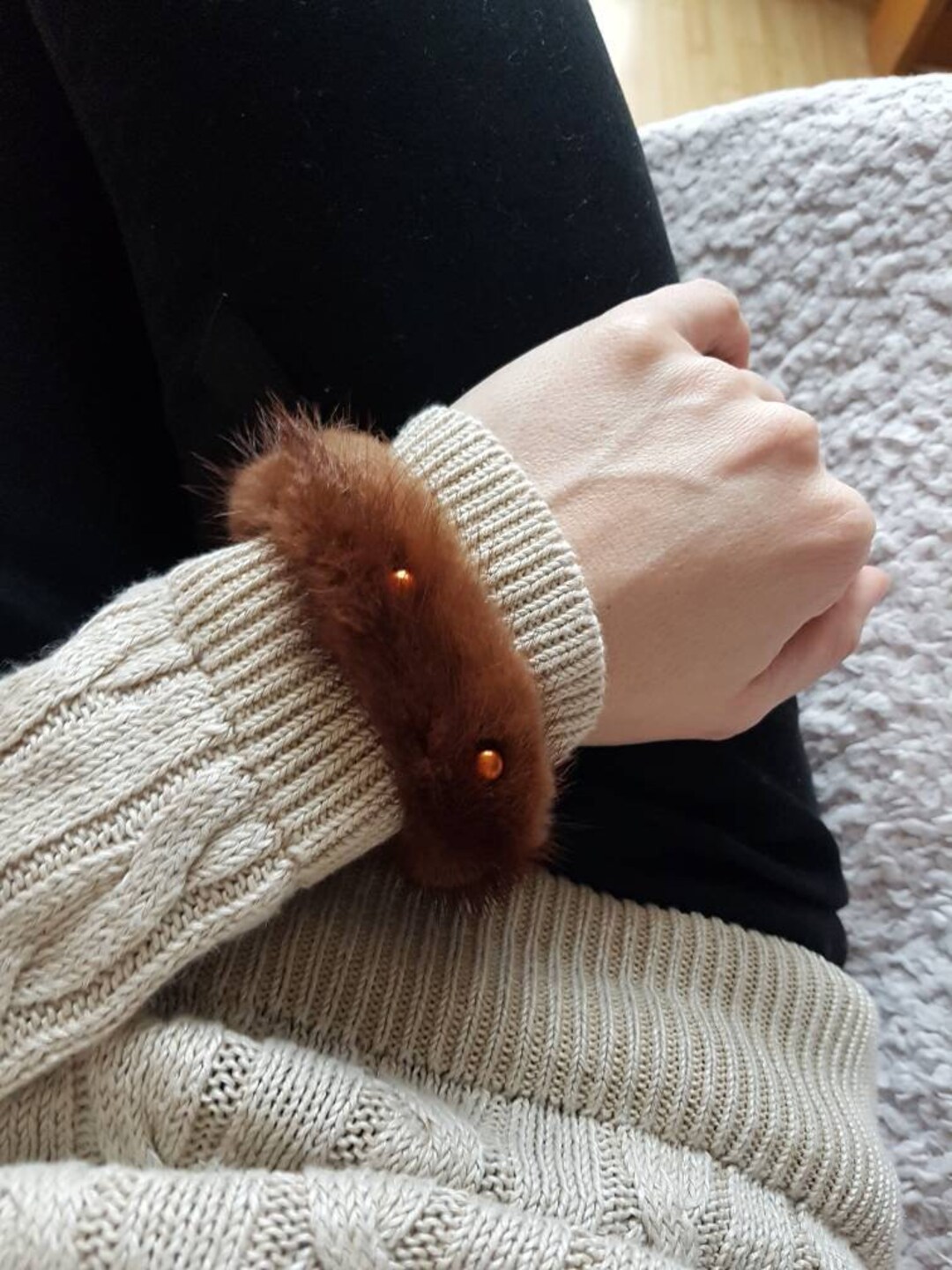 Up-cycled Fur Bracelet, Swarovski Pearls, Ribbon Cuff - Etsy