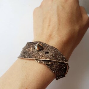 Wide Leather Cuff, Mystery Braided Bracelet, Bold Punk Armband, Copper Brown Wristband, Glitter Leather Jewelry, Statement Studded Bracelet image 7