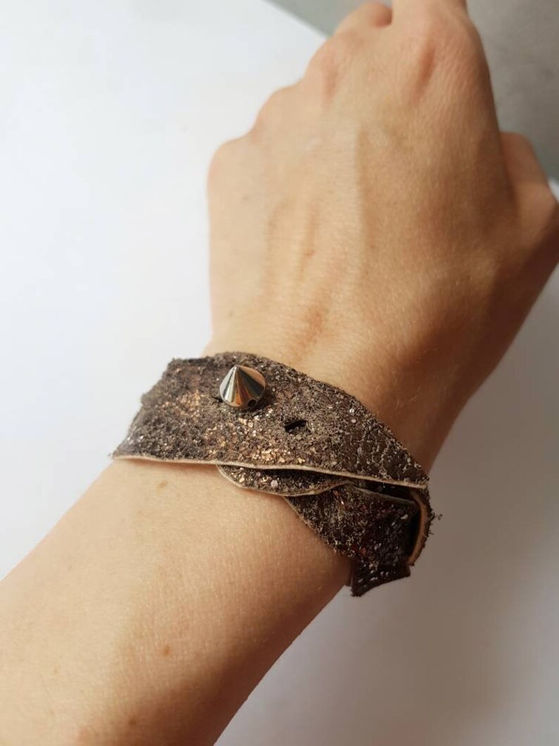 Wide Leather Cuff, Mystery Braided Bracelet, Bold Punk Armband, Copper Brown Wristband, Glitter Leather Jewelry, Statement Studded Bracelet image 7