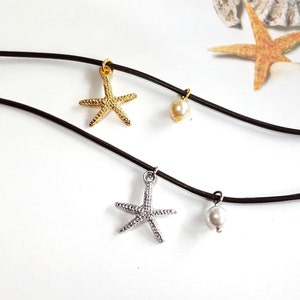 Starfish Beach Necklace on Brown Leather Cord, Gold Silver Starfish Pendant with Pearl, Bohemian Ocean Sea Lover Gift, Boho Summer Jewelry zdjęcie 2