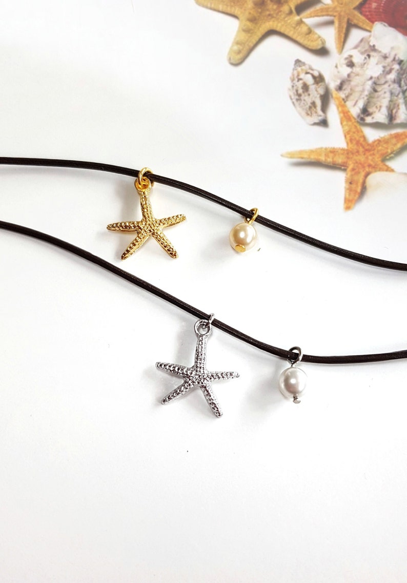 Starfish Beach Necklace on Brown Leather Cord, Gold Silver Starfish Pendant with Pearl, Bohemian Ocean Sea Lover Gift, Boho Summer Jewelry zdjęcie 2