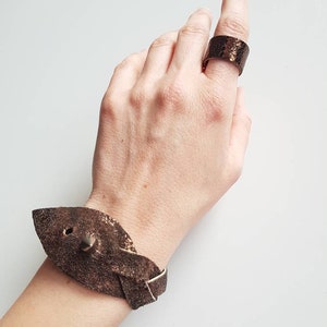 Wide Leather Cuff, Mystery Braided Bracelet, Bold Punk Armband, Copper Brown Wristband, Glitter Leather Jewelry, Statement Studded Bracelet image 3