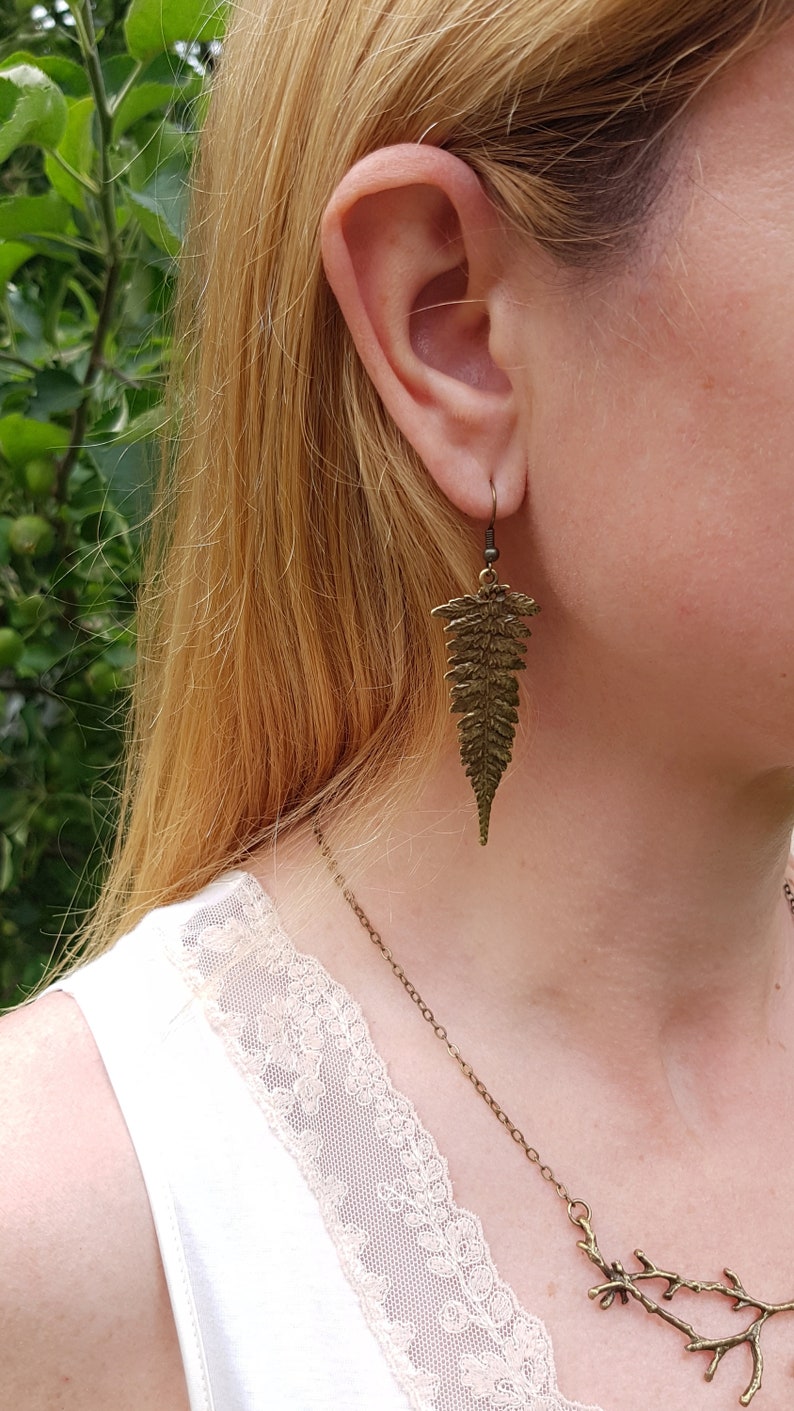 Long Fern Leaf Earrings, Forest Nature Lover, Bronze Botanical Leaves, Rustic Leaf Dangles, Woodland Boho Jewelry, Nature Cottagecore Jewels image 9