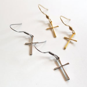 Minimalist Cross Earrings, Gold Stainless Steel Cross Dangles, Waterproof Non-tarnish Jewels, Hypoallergenic Religious Tiny Cross Ear Jewels image 9
