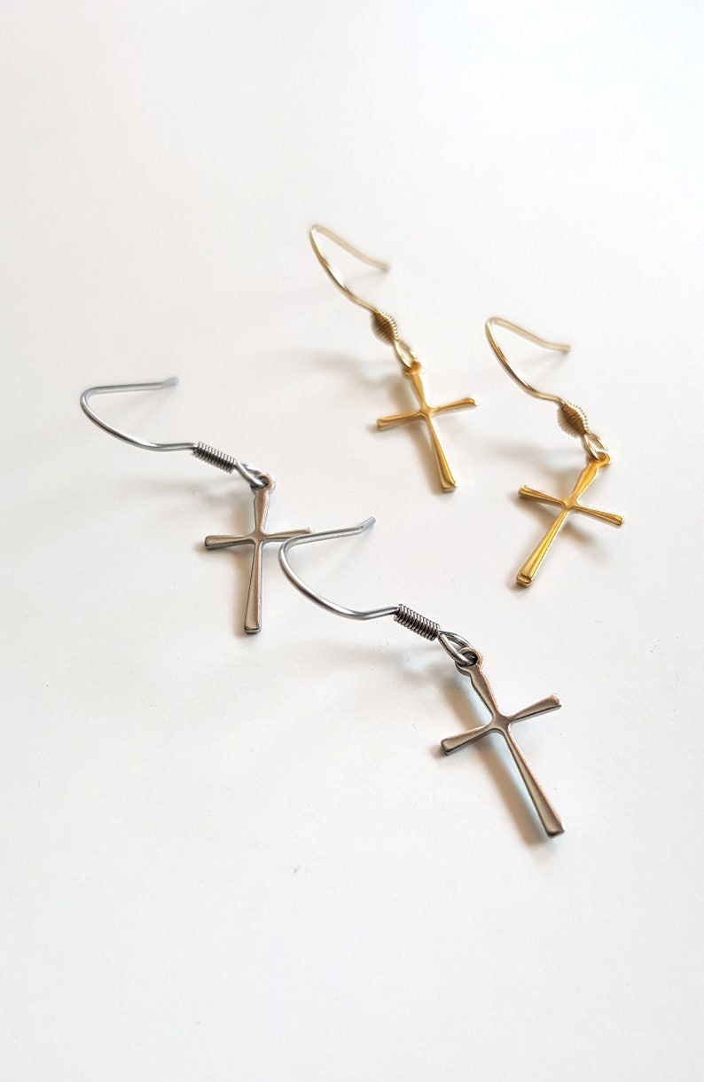 Minimalist Cross Earrings, Gold Stainless Steel Cross Dangles, Waterproof Non-tarnish Jewels, Hypoallergenic Religious Tiny Cross Ear Jewels image 9