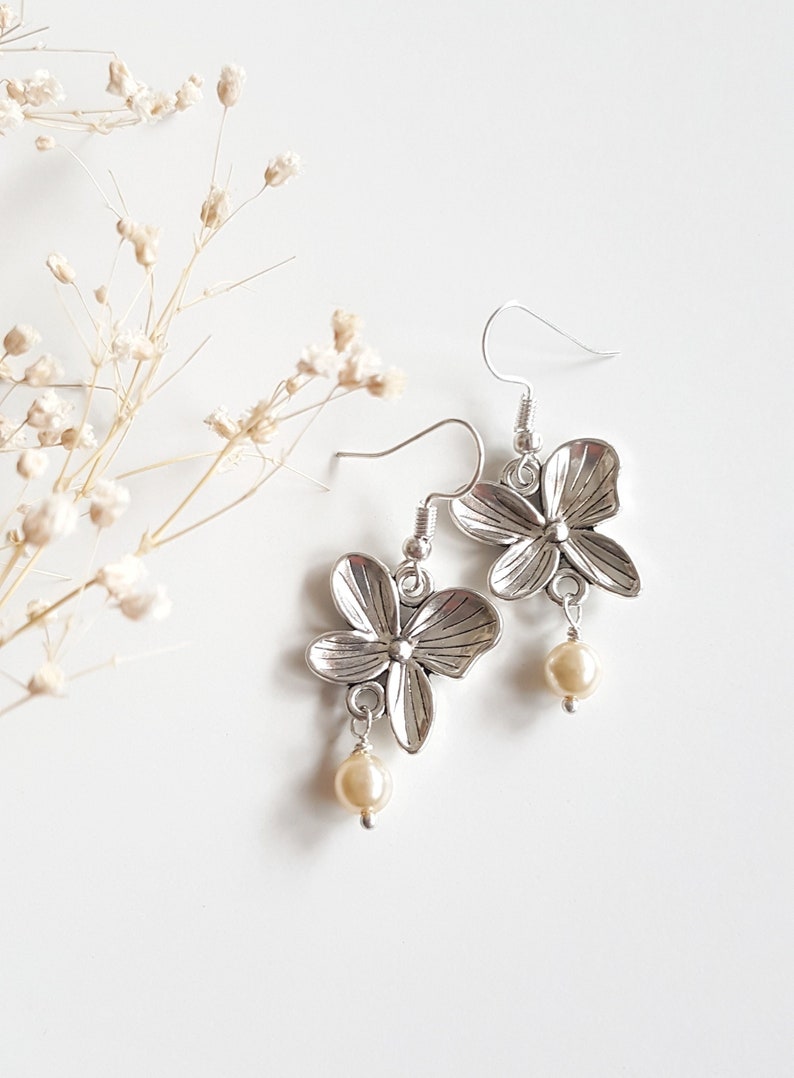 Silver Orchid Earrings with Cream Pearl, Small Pearl Cocktail Dangles, Dainty Bridal Jewelry, Nature Lover Gift, Romantic Boho Floral Drops image 1
