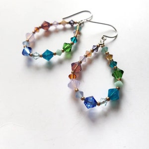 Beaded Hoop Earrings, Long Teardrop Crystal Dangles, Pastel Rainbow Statement Drops, Bold Funky Summer Hoops, Bohemian Festival Earrings image 9