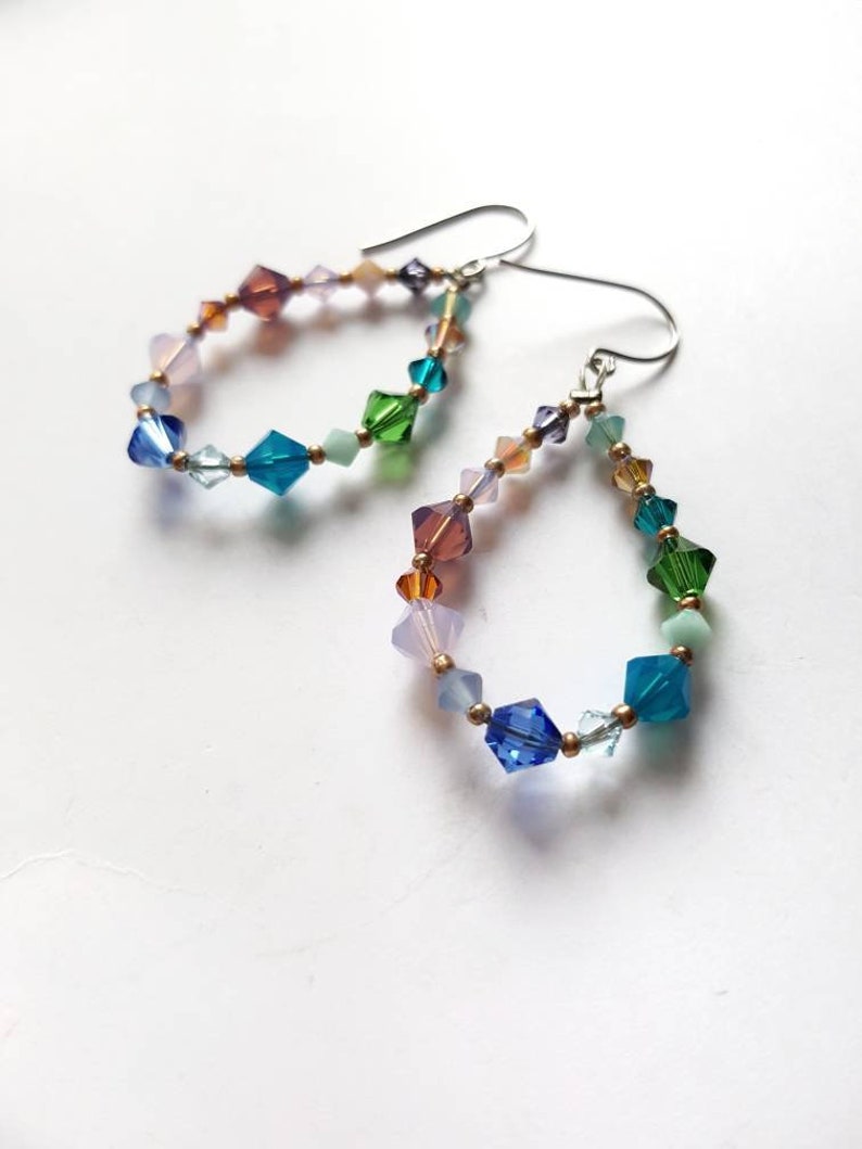 Beaded Hoop Earrings, Long Teardrop Crystal Dangles, Pastel Rainbow Statement Drops, Bold Funky Summer Hoops, Bohemian Festival Earrings image 9