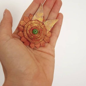 Oversized Flower Brooch, Nature Floral Jewelry, Bold Leather Accessory, Bohemian Appreciation Gift, Metallic Copper Rose Gold Statement Pin image 7