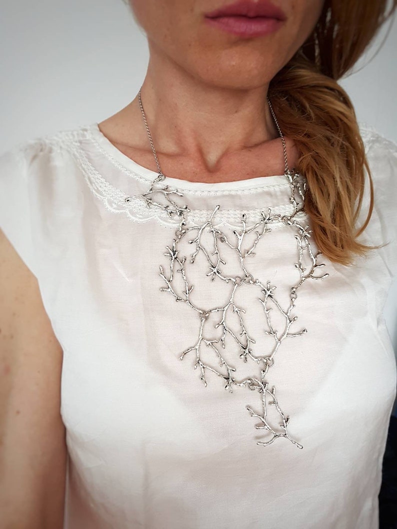 Statement Twig Necklace, Silver Branch Collar, Cascading Nature Jewelry, Woodland Forest Wedding, Long Metal Bib, Bold Tree Unisex Necklace image 6