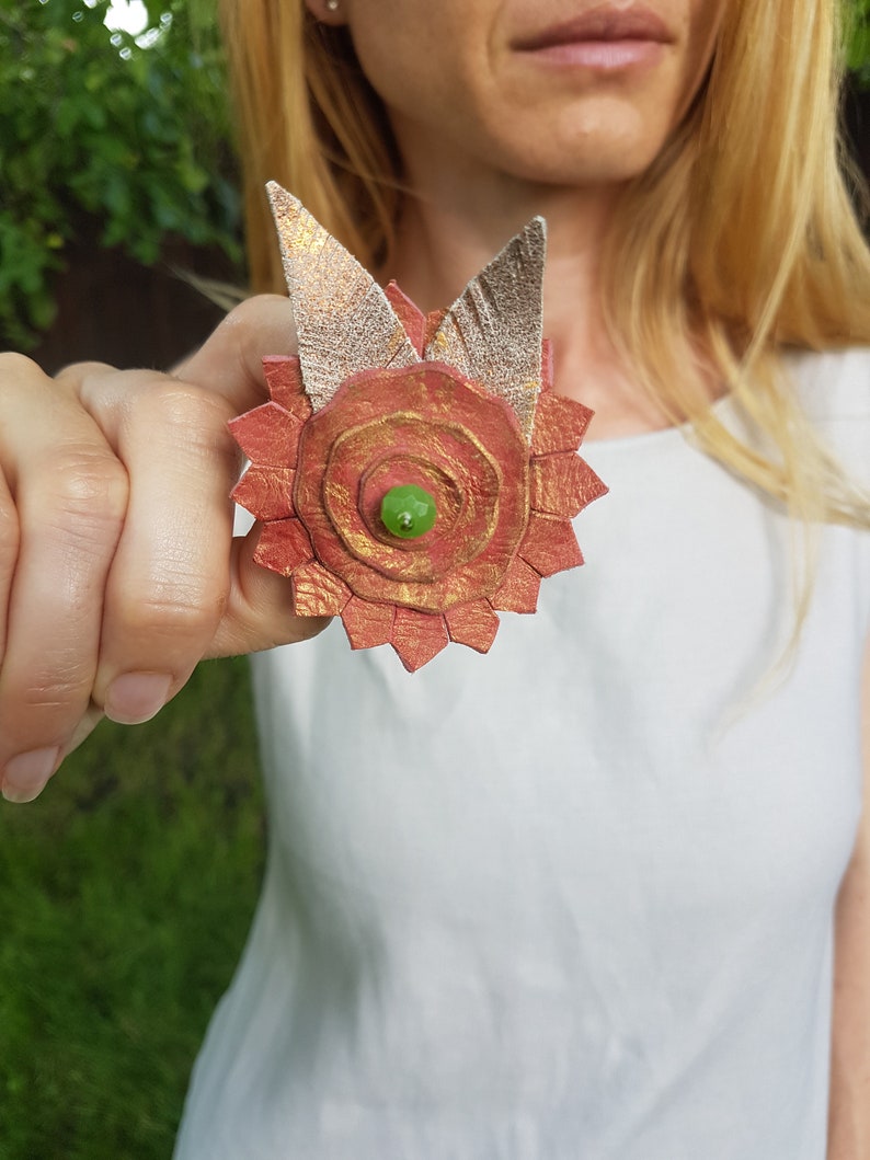 Oversized Flower Brooch, Nature Floral Jewelry, Bold Leather Accessory, Bohemian Appreciation Gift, Metallic Copper Rose Gold Statement Pin image 1