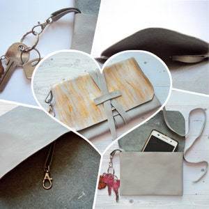 Cartera de piel suave, neceser gris pequeño, llavero, neceser, neceser de maquillaje cosido a mano, bolso de viaje, accesorio de piel pintado a mano imagen 5