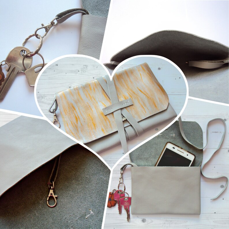 Cartera de piel suave, neceser gris pequeño, llavero, neceser, neceser de maquillaje cosido a mano, bolso de viaje, accesorio de piel pintado a mano imagen 5