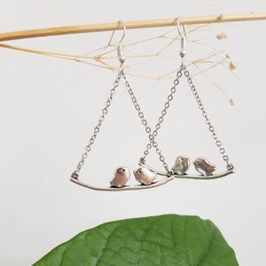 Silver Bird Chain Earrings, Lovebirds Chandelier Dangles, Dainty Bohemian Jewelry, Minimalist Nature Lover Gift, Whimsical Couples Gift Idea image 1