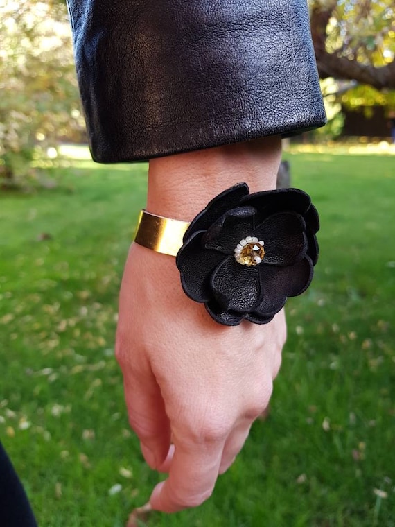 Black Statement Flower Bracelet on Metallic Gold Band Bold Cuff