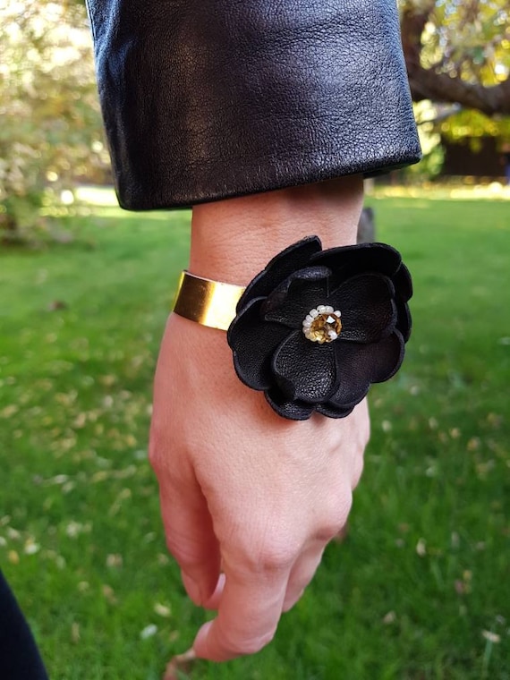 Black Statement Flower Bracelet on Metallic Gold Band, Bold Cuff