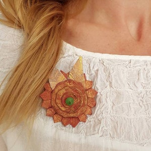 Oversized Flower Brooch, Nature Floral Jewelry, Bold Leather Accessory, Bohemian Appreciation Gift, Metallic Copper Rose Gold Statement Pin image 5