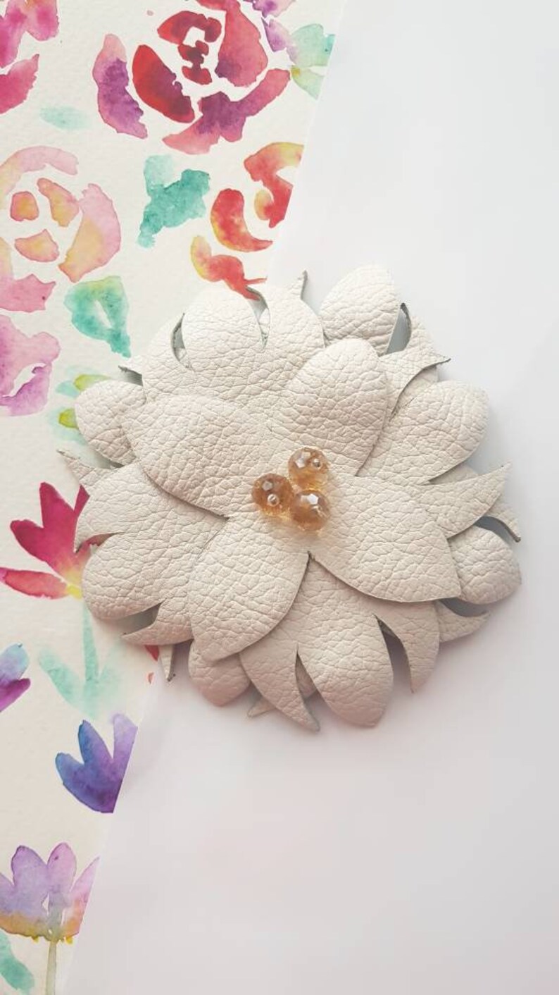 White Leather Flower Brooch, Statement Floral Pin, Bold Nature Jewelry, Oversized Leather Accessory, Nature Lover Gift, Eco Friendly Brooch image 4