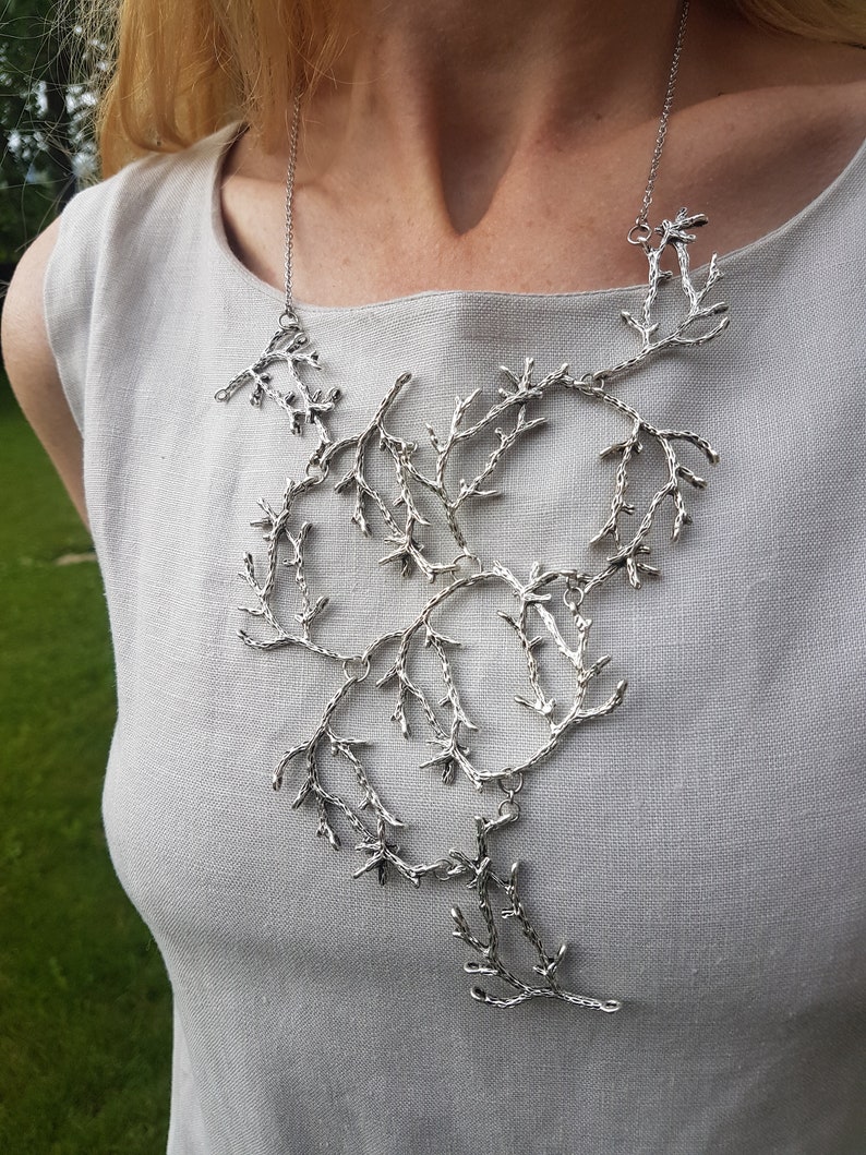 Statement Twig Necklace, Silver Branch Collar, Cascading Nature Jewelry, Woodland Forest Wedding, Long Metal Bib, Bold Tree Unisex Necklace image 9