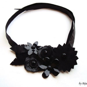 Black Leather Bib Necklace, Statement Floral Jewelry, Asymmetric Bold Collar, Dark Choker with Up-cycled Leather, Dramatic Bohemian Necktie