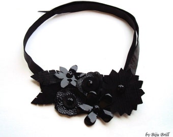 Black Leather Bib Necklace, Statement Floral Jewelry, Asymmetric Bold Collar, Dark Choker with Up-cycled Leather, Dramatic Bohemian Necktie