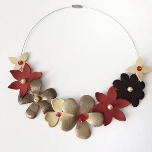 Floral Bib Necklace, Short Leather Choker, Brown Red Statement Jewelry, Eco-Friendly Women Collar, Beaded Pearl Jewelry, Flower Appliques image 5