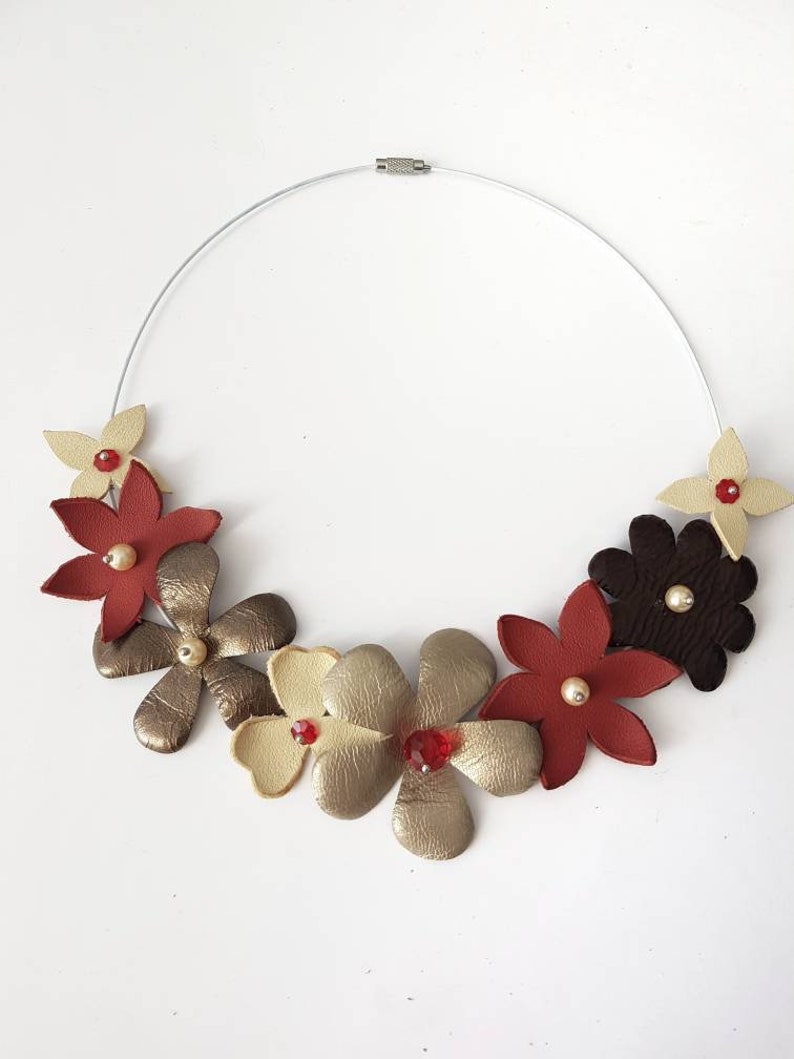 Floral Bib Necklace, Short Leather Choker, Brown Red Statement Jewelry, Eco-Friendly Women Collar, Beaded Pearl Jewelry, Flower Appliques image 5