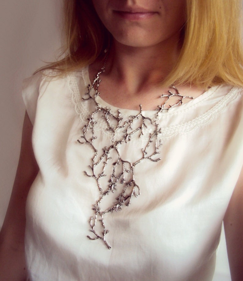 Statement Twig Necklace, Silver Branch Collar, Cascading Nature Jewelry, Woodland Forest Wedding, Long Metal Bib, Bold Tree Unisex Necklace image 1