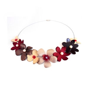 Floral Bib Necklace, Short Leather Choker, Brown Red Statement Jewelry, Eco-Friendly Women Collar, Beaded Pearl Jewelry, Flower Appliques image 2