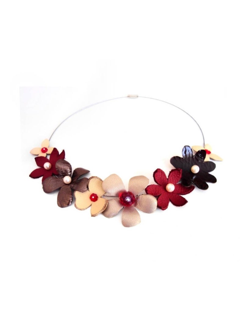 Floral Bib Necklace, Short Leather Choker, Brown Red Statement Jewelry, Eco-Friendly Women Collar, Beaded Pearl Jewelry, Flower Appliques image 2