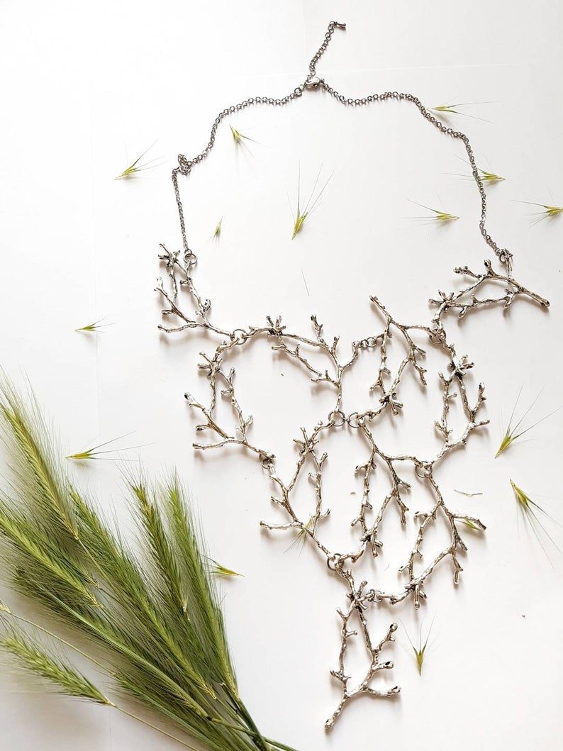 Statement Twig Necklace, Silver Branch Collar, Cascading Nature Jewelry, Woodland Forest Wedding, Long Metal Bib, Bold Tree Unisex Necklace image 5