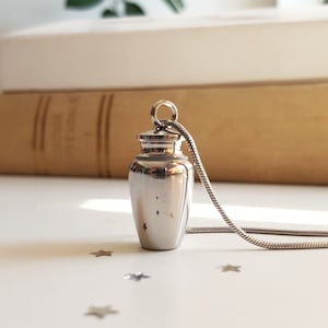 Può includere: Una collana con pendente a forma di urna color argento di piccole dimensioni cilindriche. Il pendente ha un coperchio a vite ed è sospeso da una catena d'argento. Piccoli coriandoli a forma di stella sono sparsi intorno alla collana.