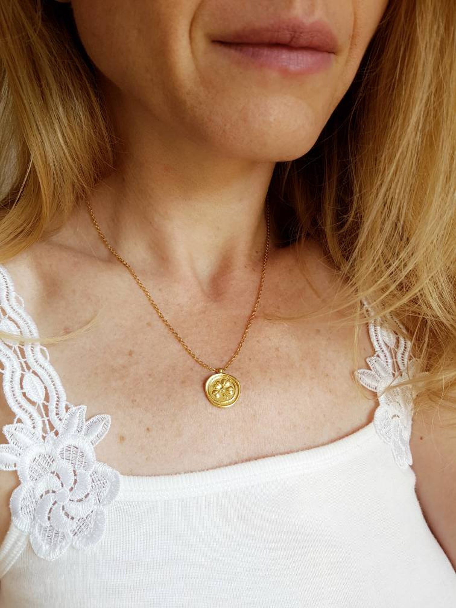 Four Leaf Clover Necklace With Luck Charm, 24K Gold Plated Coin Pendant ...