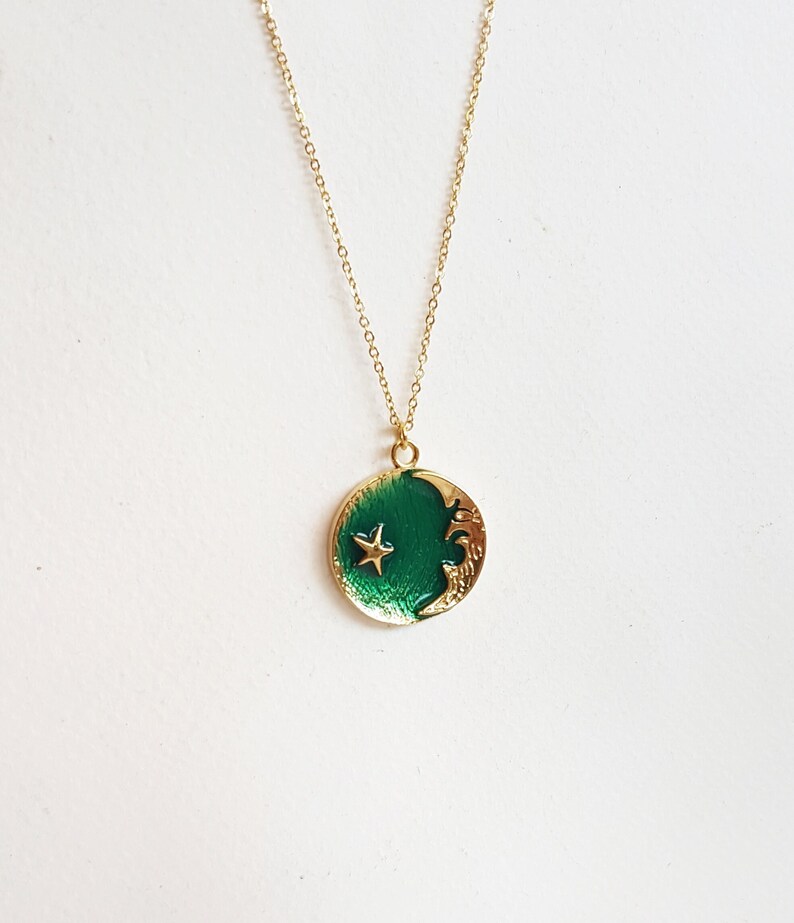 Star Moon Coin Necklace, Crescent Moon Pendant, Symbolic Celestial Jewelry, Large Sunburst Charm, Galaxy Layering Necklace, Astrology Gift Green