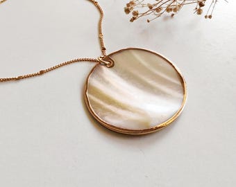 Round Statement Necklace with Pearly Shell Pendant, Bold White Disc Pendant, Fun Layering Jewelry, Natural Pearl MOP Wavy Medallion